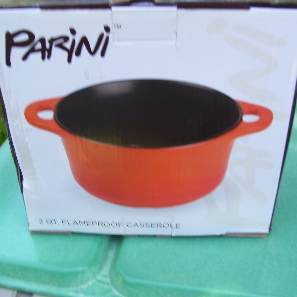 PARINI Orange 2 QT. Quart FLAMEPROOF CASSEROLE Dish with Lid, New in Box